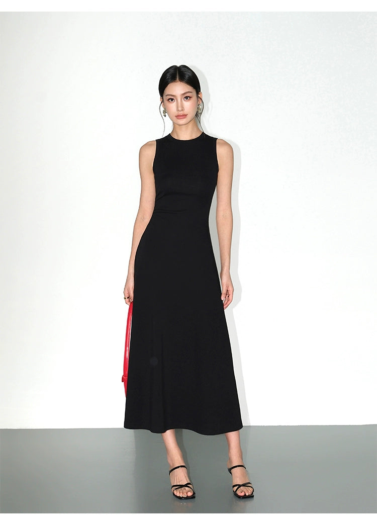 Slim-fit black knit tank dress with cinched waist