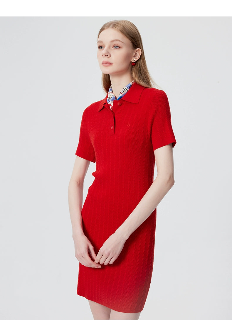 Front view of navy ribbed cotton polo midi dress
