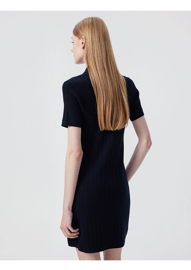 Rear view of red ribbed polo shirt midi dress