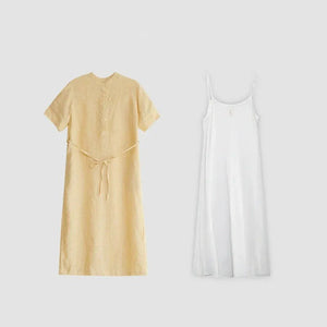  Back view of relaxed-fit linen shirt dress with soft pleats