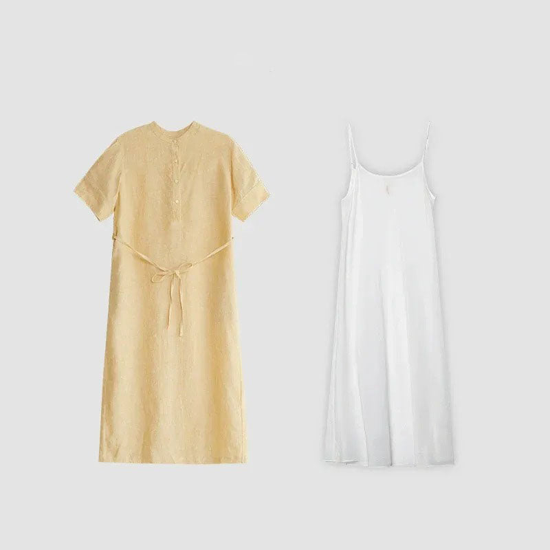  Back view of relaxed-fit linen shirt dress with soft pleats