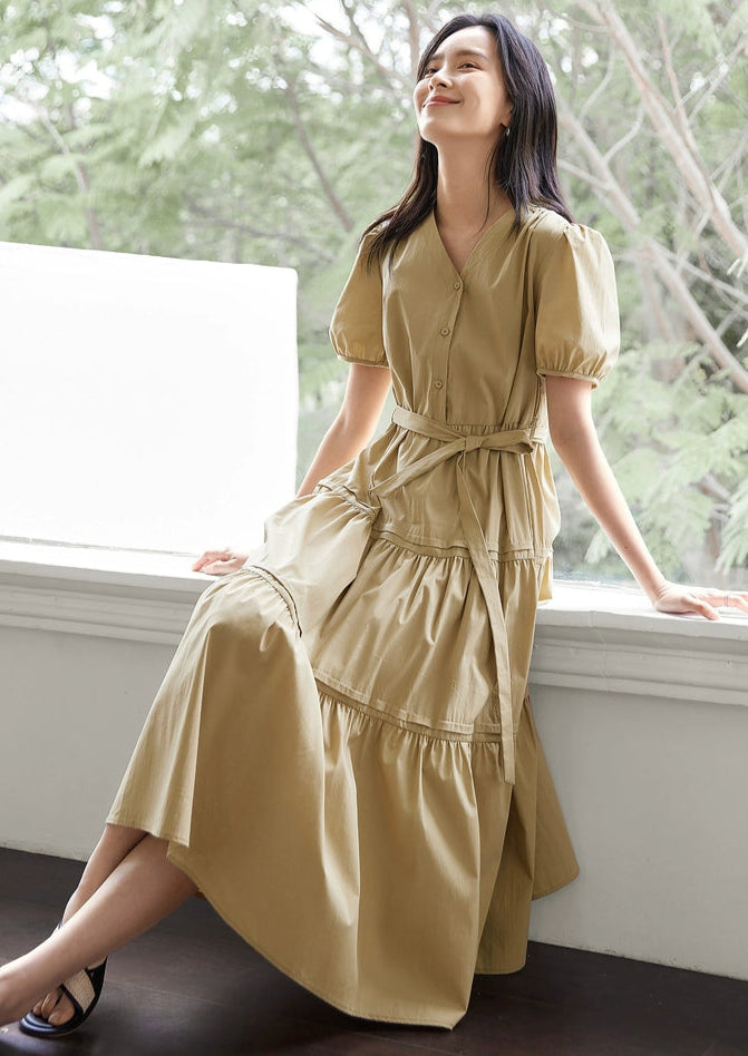 Taileroom V-neck vacation dress in warm neutral tone