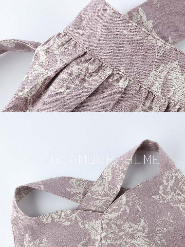 French Linen Suspender Apron, Floral Waterproof Kitchen Wraparound
