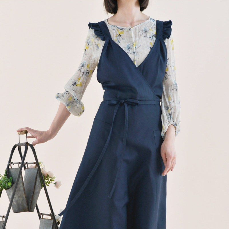 French Water-Repellent V-Neck Apron, High-Waist Floral Ruffle Workwear