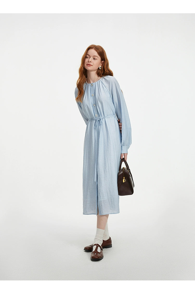 Soft blue shirt dress for spring or autumn wear