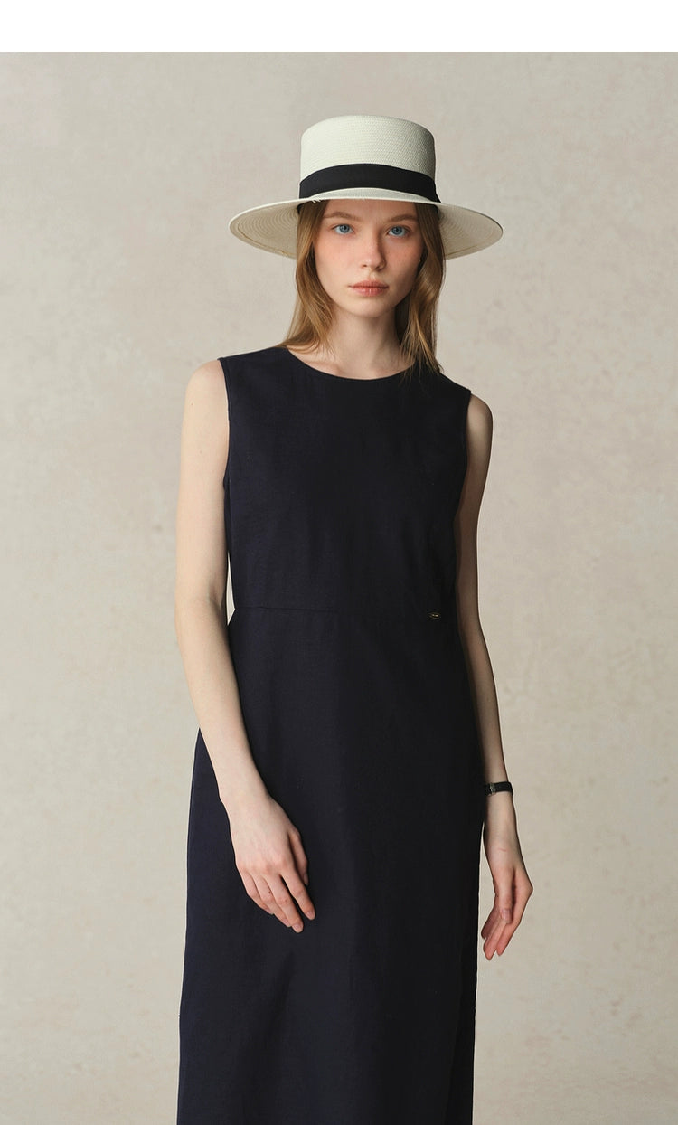 Front view of sleeveless linen-blend dress in white