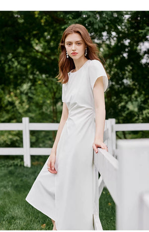 Back neck button detail of white midi dress