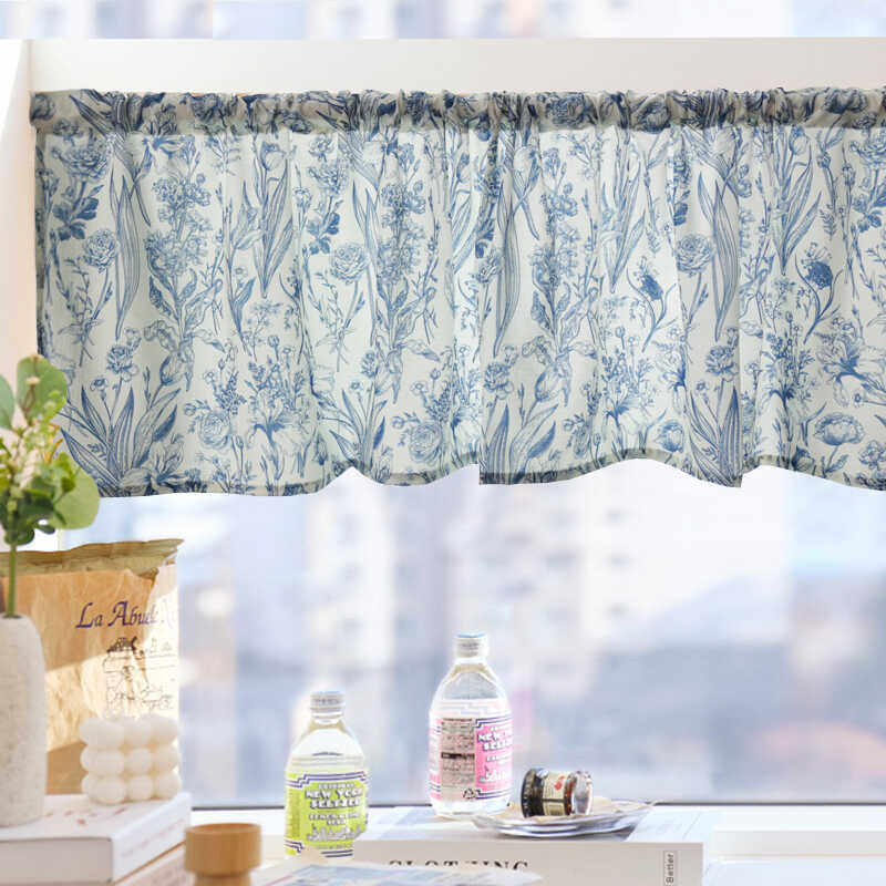 Blue and White Porcelain Cafe Curtain, French No-Drill Half Door Curtain