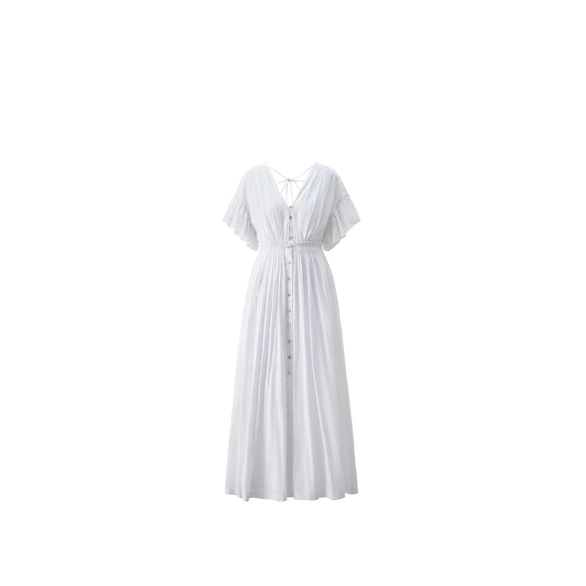 Full-length view of white ruffle sleeve maxi dress by taileroom