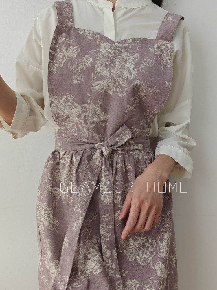 French Linen Suspender Apron, Floral Waterproof Kitchen Wraparound