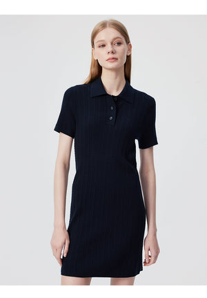 Back view of navy ribbed cotton knit polo shirt dress