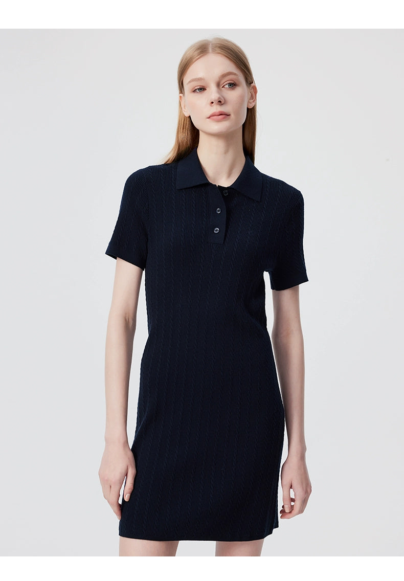 Back view of navy ribbed cotton knit polo shirt dress