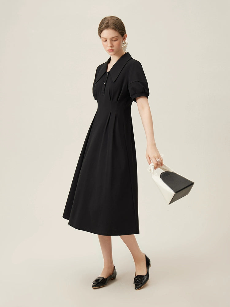 Back view of midi-length linen dress in black with puff sleeves