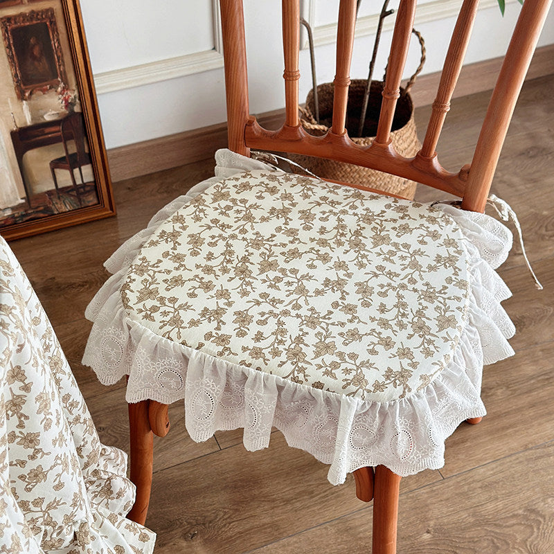French Vintage Ruffled Strap Chair Cushion, Removable Floral Seat Pad