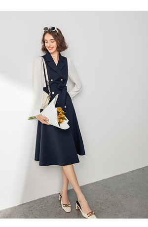  Navy blazer-style dress with white sleeves and gold buttons