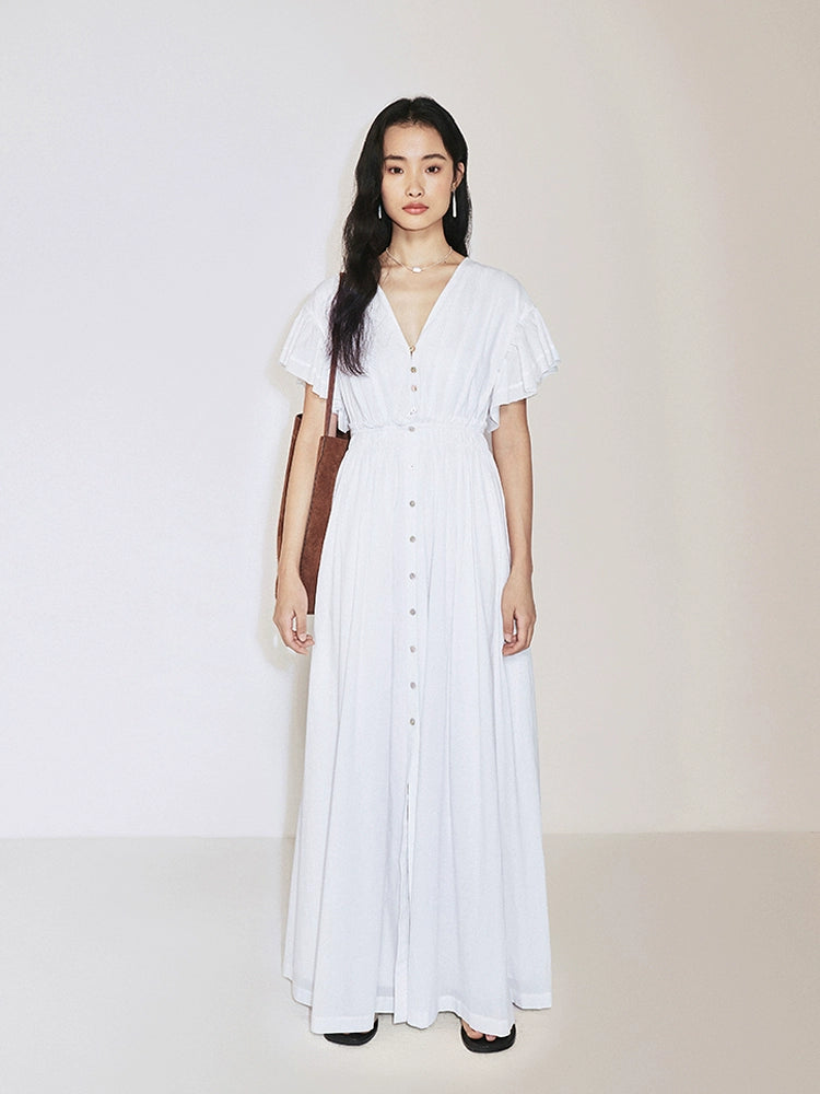 V-neck tie detail on white cotton maxi dress