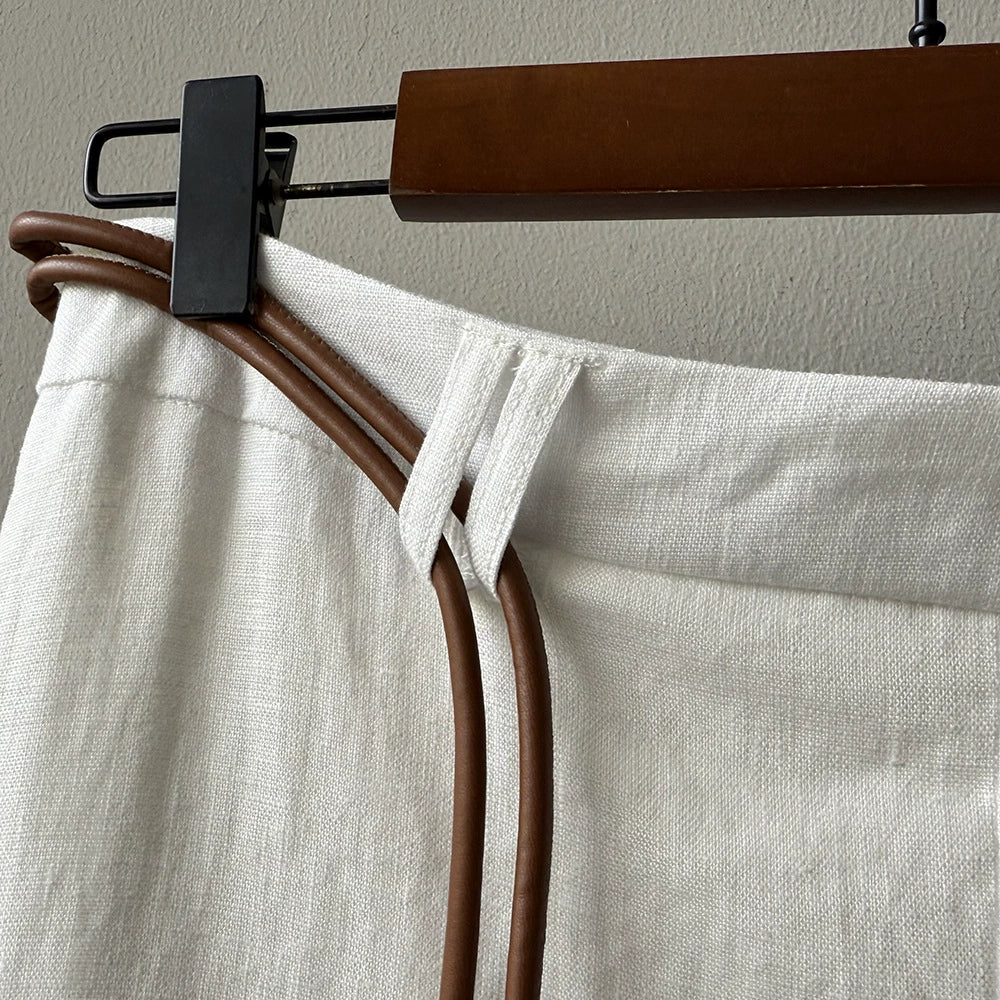 White summer linen two-piece with V-neck shirt