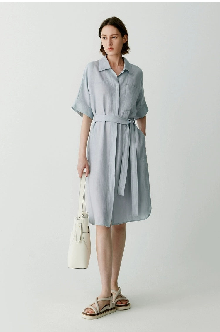 Soft blue minimalist shirt dress with tie belt