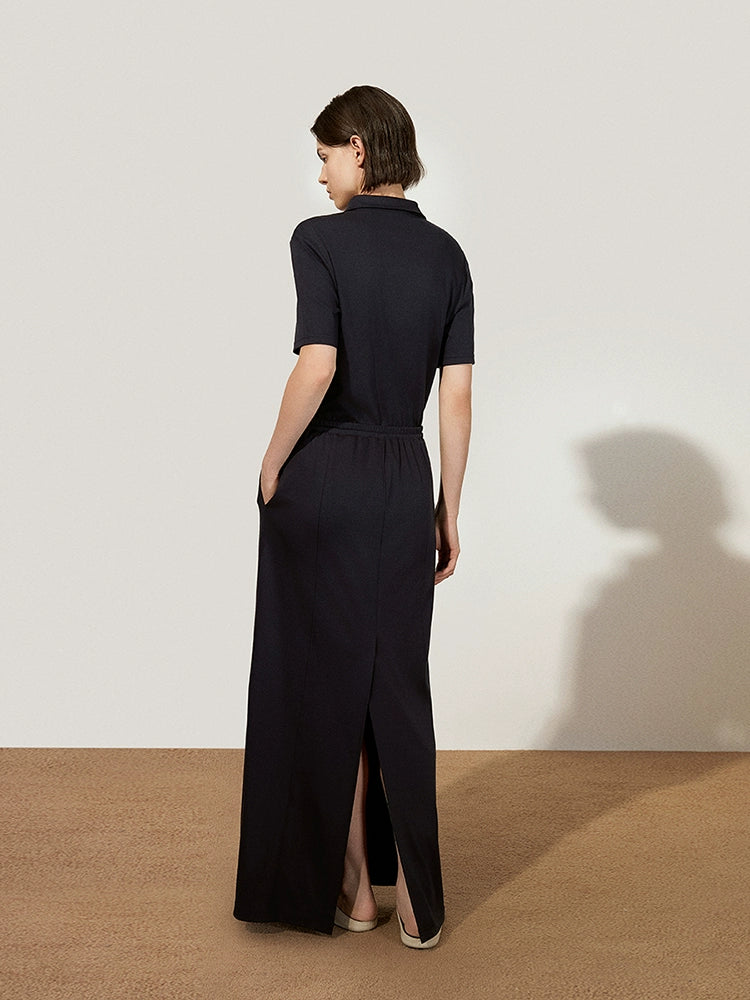 Waist-cinching long black dress with drawstring