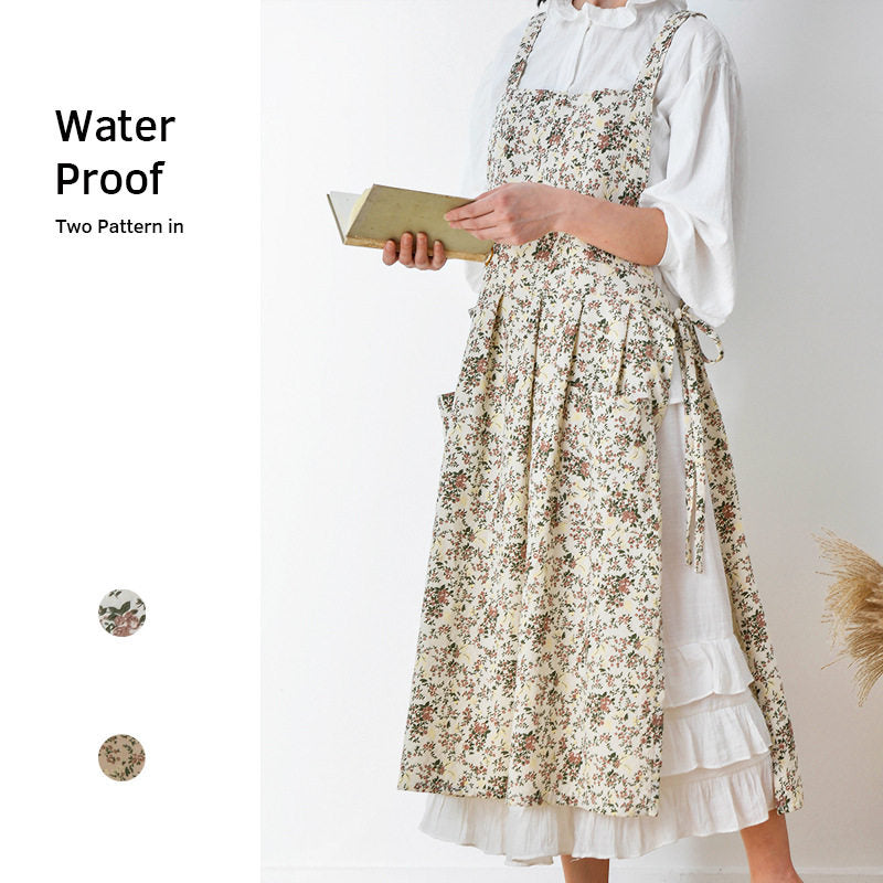 Korean Floral Cotton Linen Apron, Breathable Water-Repellent Kitchen Apron