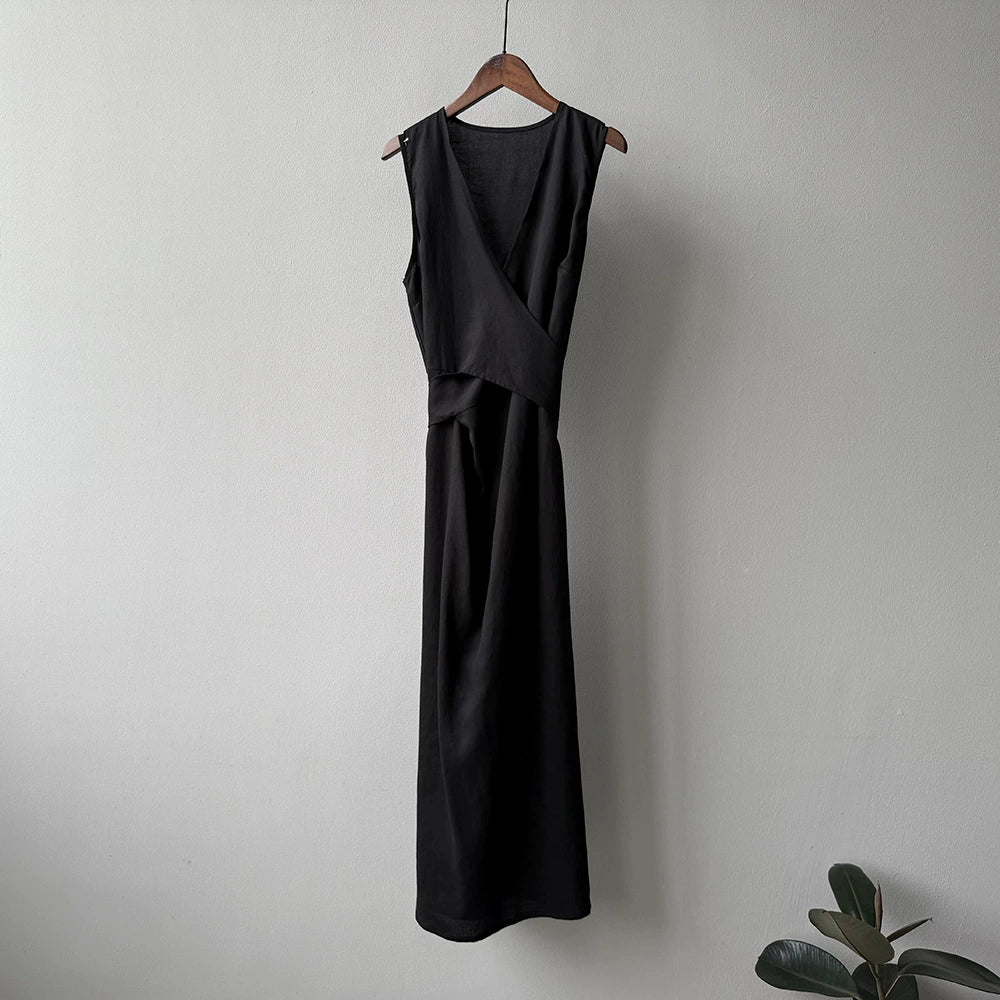 Korean-style linen maxi dress with cross-waist tie