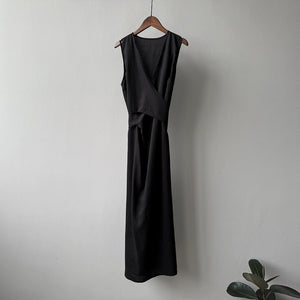 Korean-style linen maxi dress with cross-waist tie