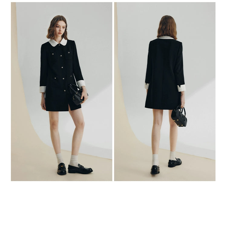 Black structured dress coat with gold button accents