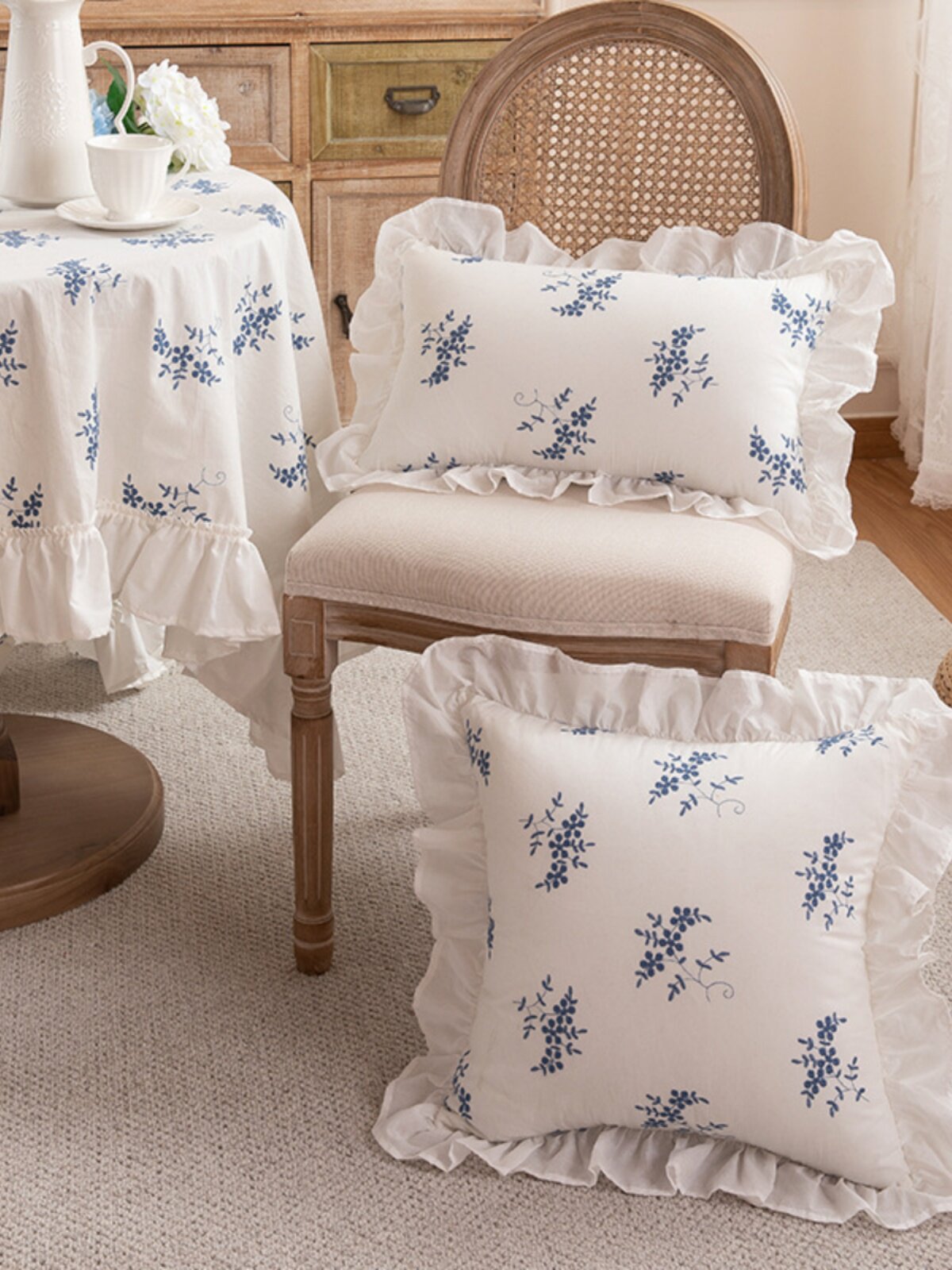 French Romantic Embroidered Ruffle Pillow Cover, Pastoral Floral Cushion