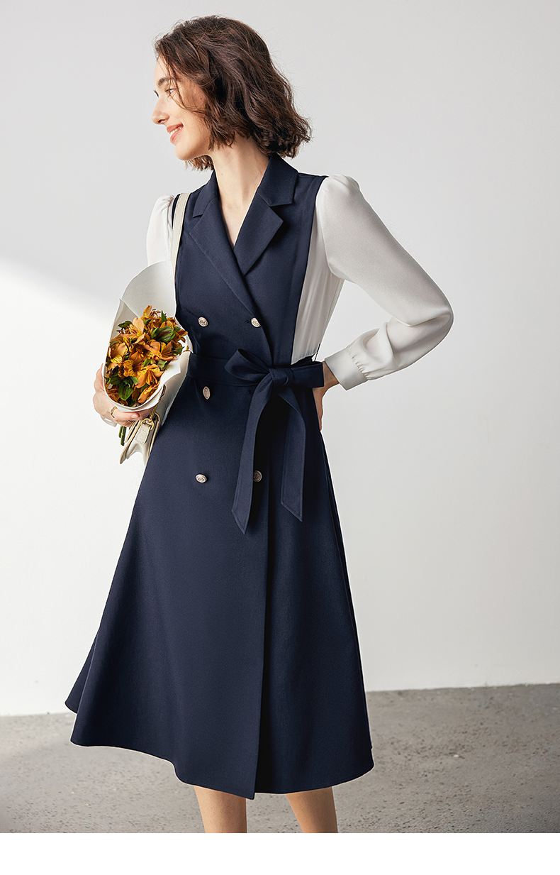  Navy blazer-style dress with white sleeves and gold buttons