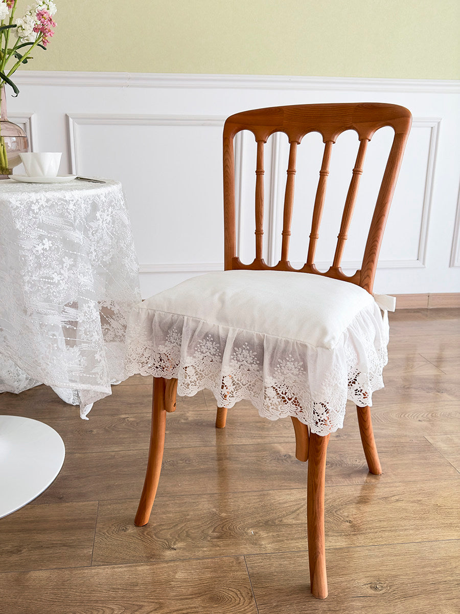 French Ruffle Chair Cushion Cover, White Lace Back Dining Chair Pad