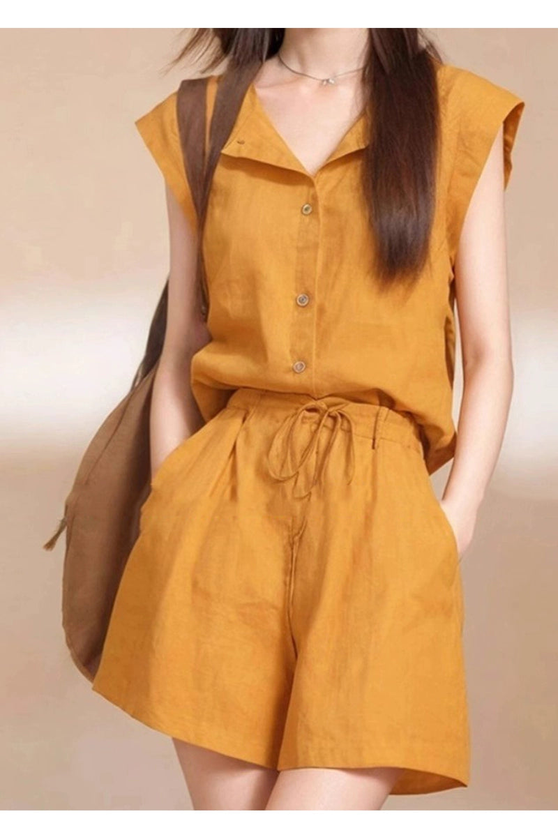Yellow linen two-piece set with drawstring shorts