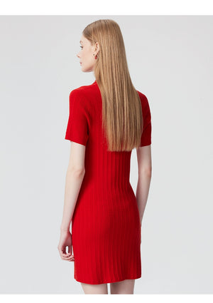  Front view of red cotton knit polo dress with collar
