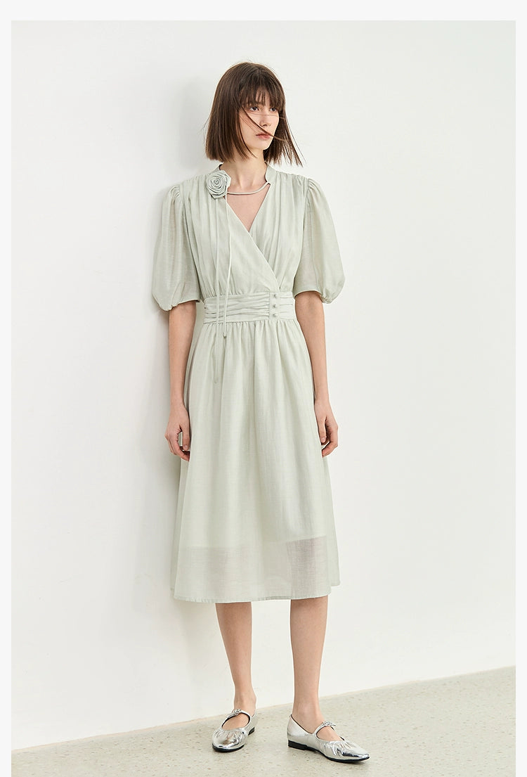 Vintage-inspired rose dress with puff sleeves and waist detail