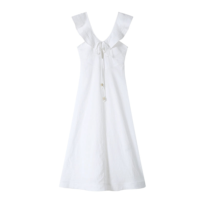 Rear view of ruffled linen dress with open back detail