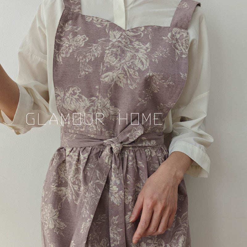 French Linen Suspender Apron, Floral Waterproof Kitchen Wraparound