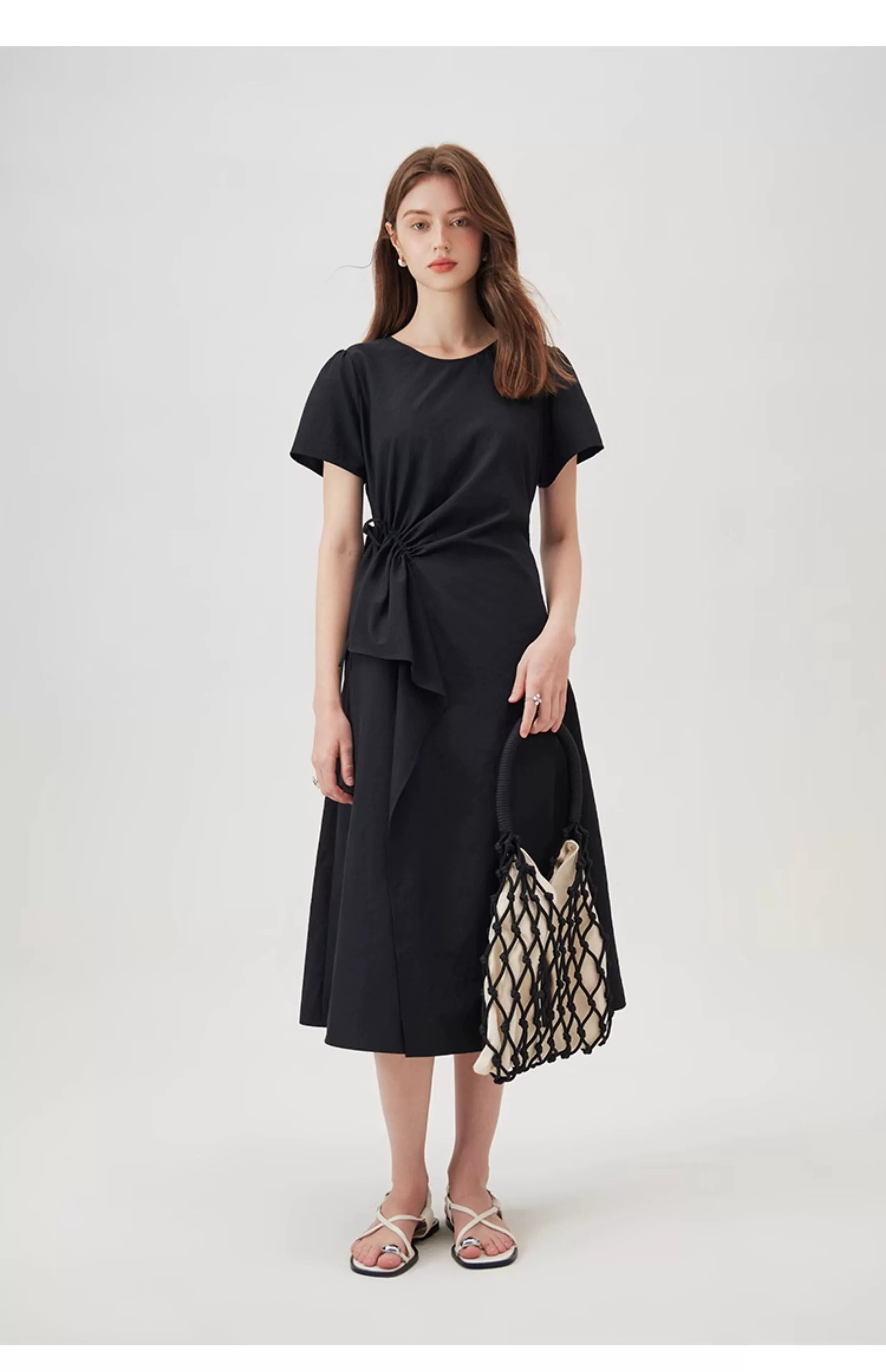  Ruched tie waist detail on white cotton dress