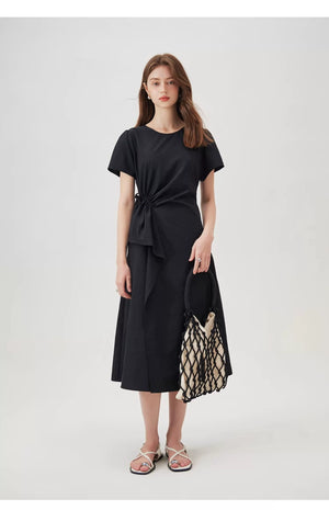  Ruched tie waist detail on white cotton dress