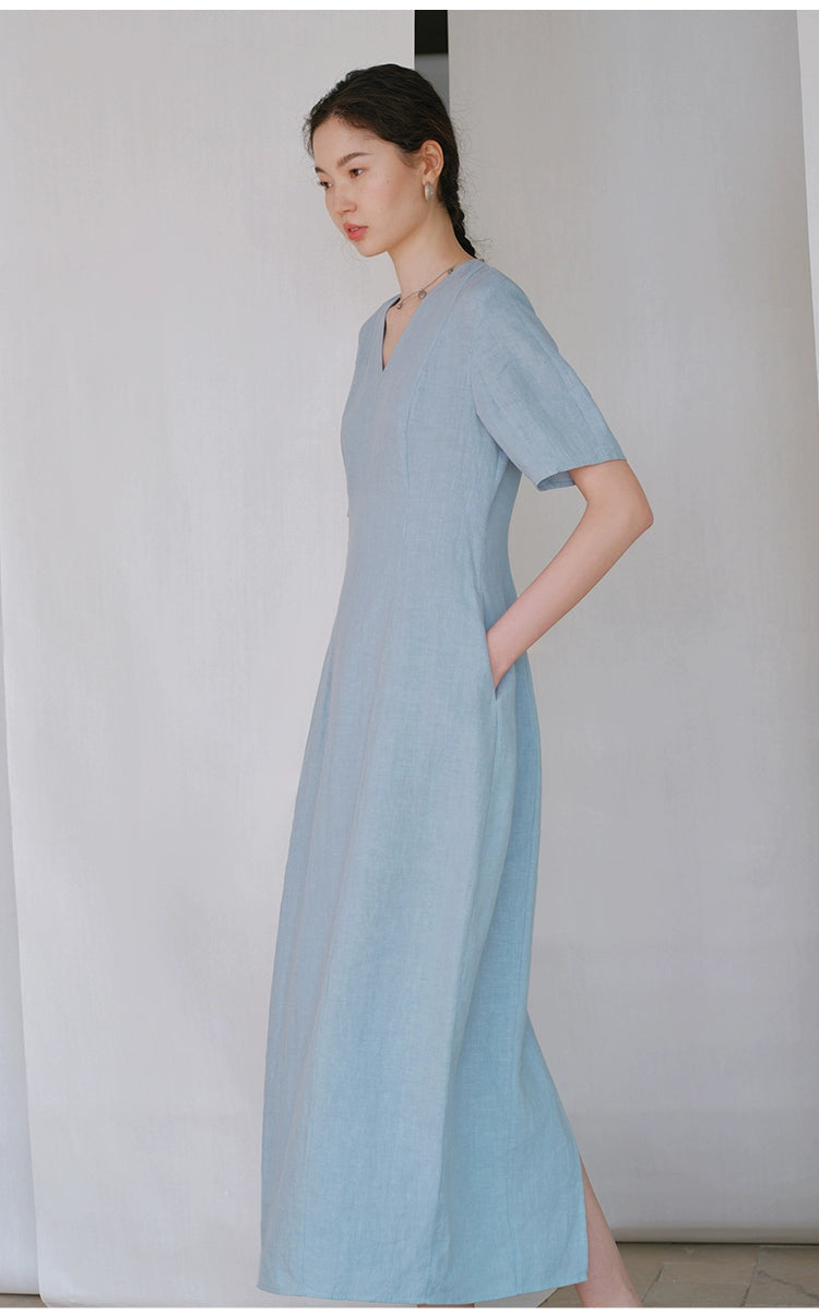 Full-length view of classic linen summer dress in natural light