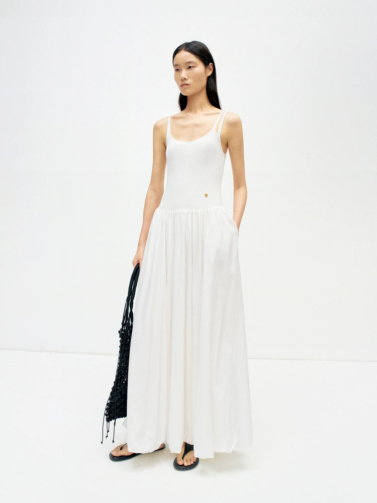  White knit camisole dress with flowy maxi skirt