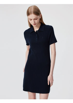 Front view of navy ribbed cotton polo midi dress