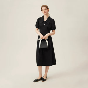 Flat lay of front and back of black linen collared midi dress