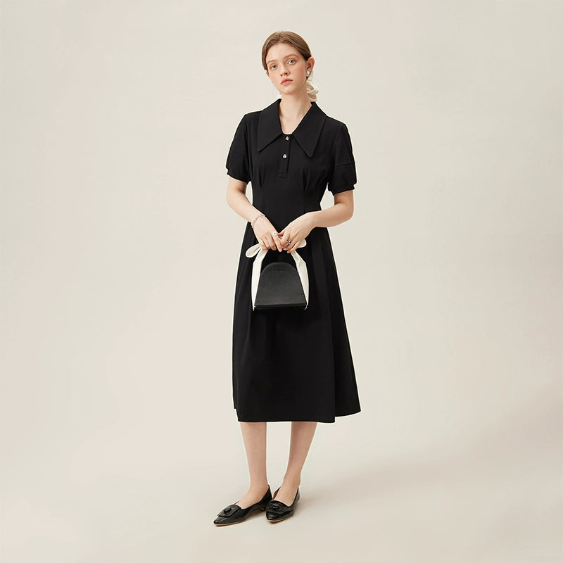 Flat lay of front and back of black linen collared midi dress