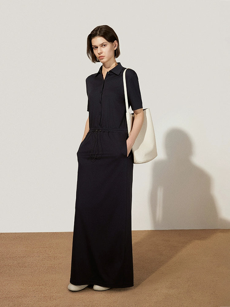 Front view of two-piece short sleeve collared black maxi dress