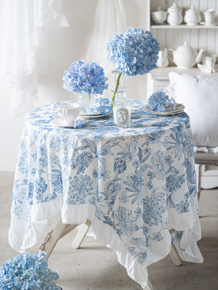 Water-Repellent French Ruffle Tablecloth, Cotton Embroidered Dining Cover
