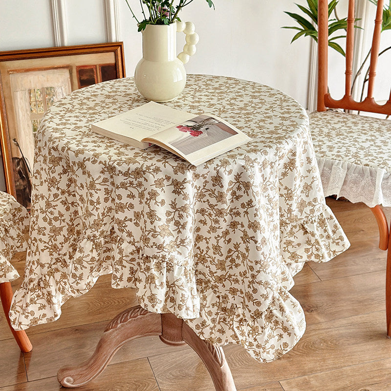 Pastoral Floral Tablecloth, French Vintage Ruffle Dining Cover