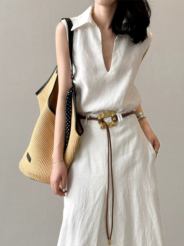 Tailored ivory midi skirt and sleeveless collared top
