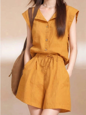 Yellow linen two-piece set with drawstring shorts