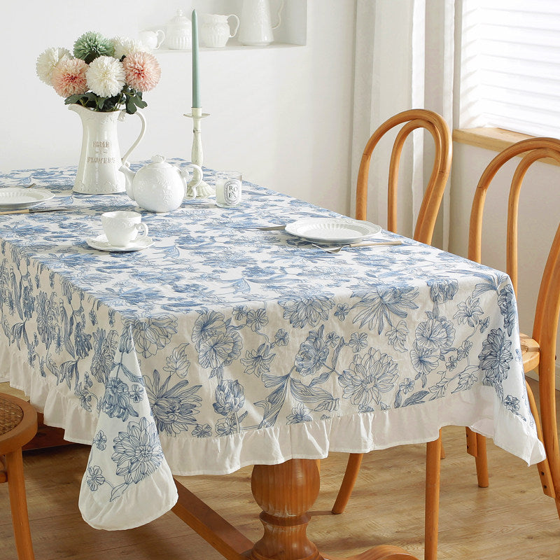 Water-Repellent French Ruffle Tablecloth, Cotton Embroidered Dining Cover