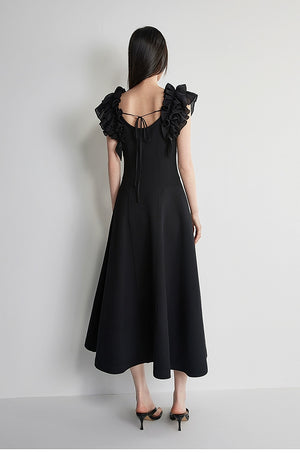 Black midi dress with layered ruffle sleeves
