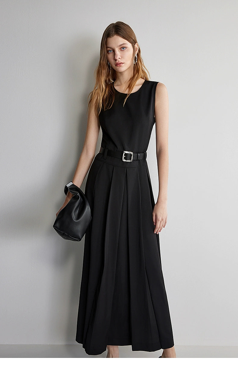 Belted formal sleeveless dress for women